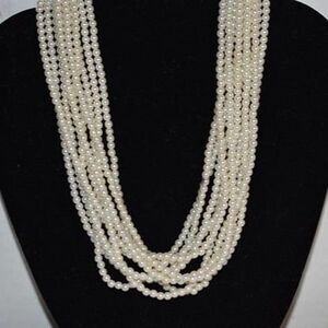 Vintage 1950's 10 Strand Faux Pearl Gold Filigree Crown Caps Necklace